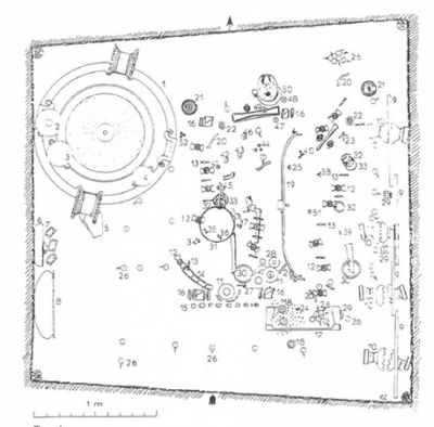 Figure 2. Plan of the Vix burial chamber: with traditional male indicators such as wagon associated artefacts (e.g. numbers 9, iron wheel rim, 10, hub sheaths, 17, decorative front panels from the wagon). (Arnold 1991, 367). 